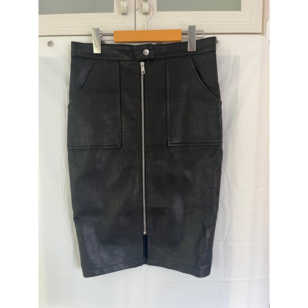 Black Faux Leather Front Zip Pencil Midi Skirt Size 8 US Womens